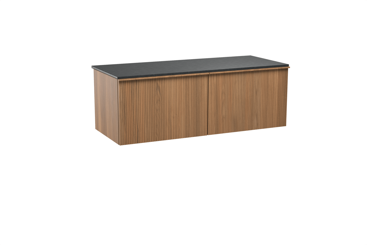 Balmani Forma meuble salle de bains suspendu 135 x 55 cm teck avec Stretto tablette simple ou double en granit noir, Nervure droite symétrique verticale