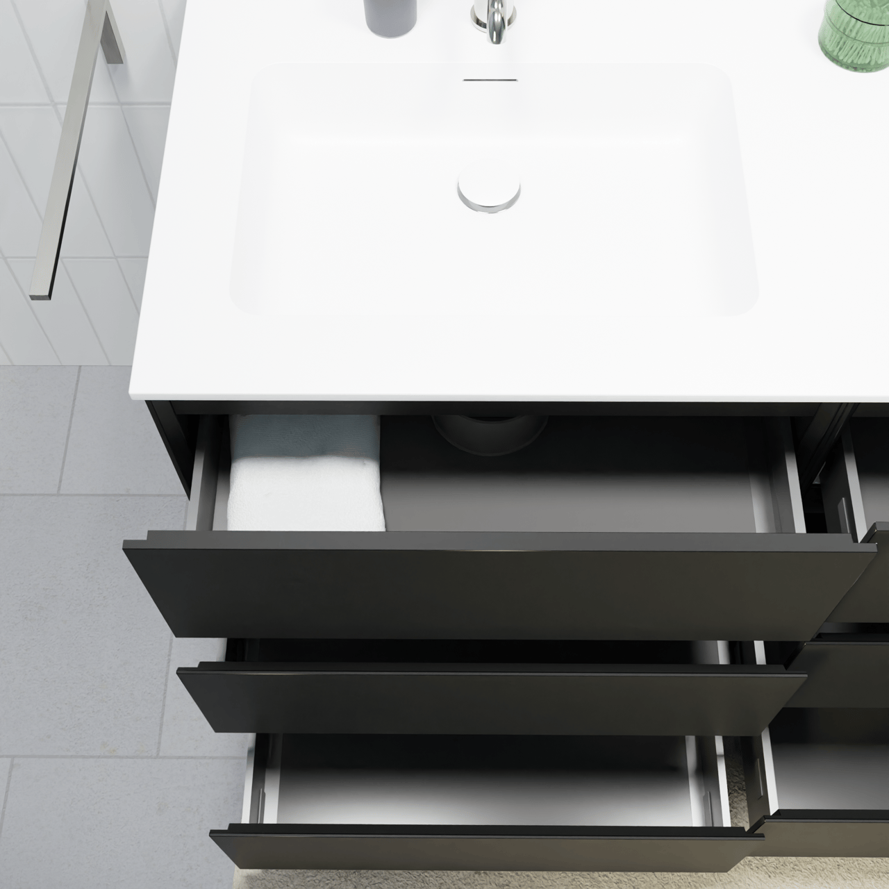 Storke Edge meuble salle de bains à poser 105 x 52 cm noir mat avec Mata lavabo simple pour 2 trous de robinet en solid surface blanc mat