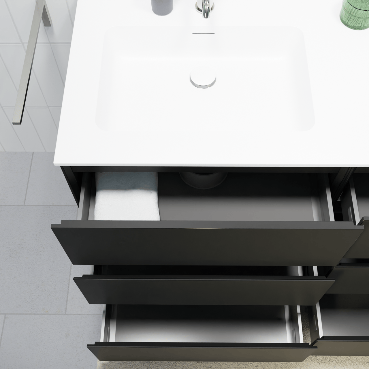 Storke Edge staand badmeubel 110 x 52 cm mat zwart met Mata asymmetrisch linkse wastafel in solid surface mat wit