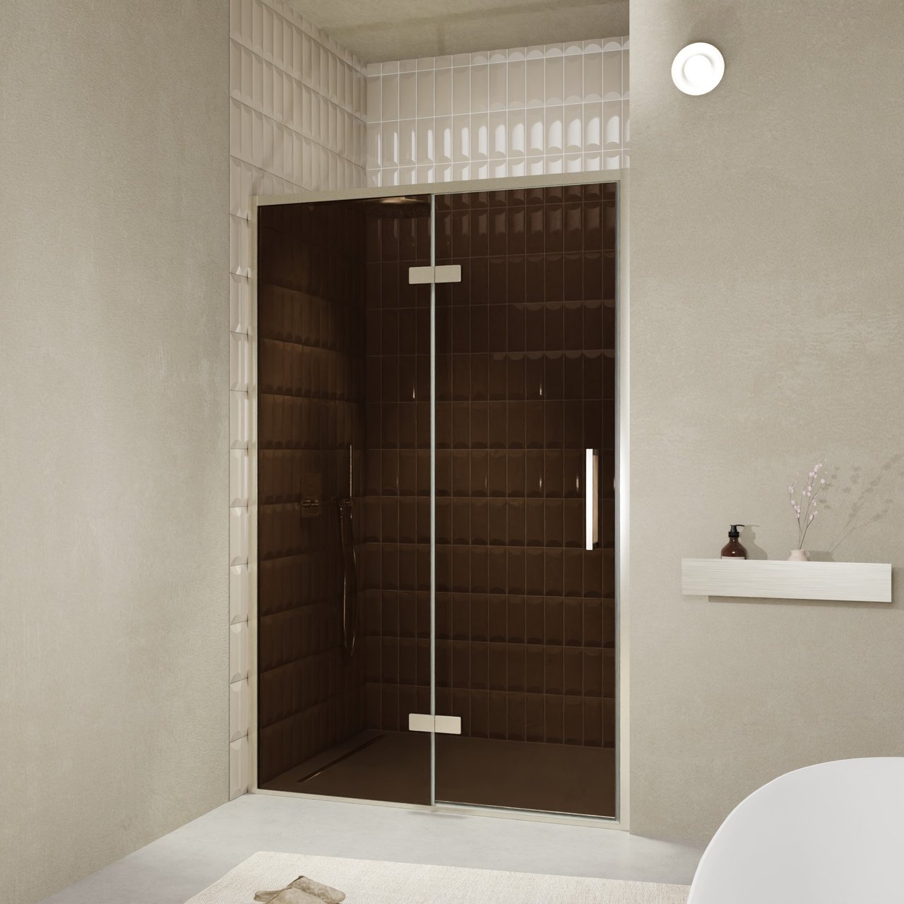 Balmani Senses Design Dusche Drehtür, Links, 140 cm x 210 cm, Bronze, Profil Brushed CoolMetal