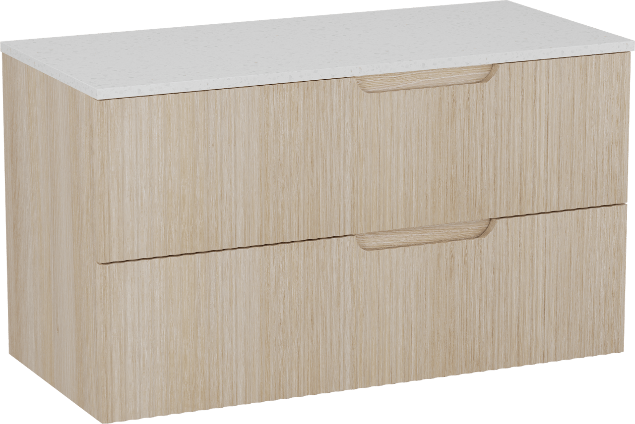 Linie Ribbo zwevend badmeubel 100 x 46 cm licht eiken met Lado enkel of dubbel wastafelblad in melamine terrazzo wit, Verticale symmetrische ronde ribbel