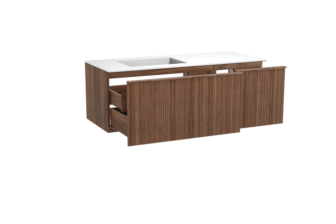 Balmani Forma hängendes Möbelstück Set: 135 x 55 cm, Amerikanischer Nussbaum, mit Tablo Stretto Waschtisch links, Solid Surface, Weiß matt, Vertikale asymmetrische Runde Rippe