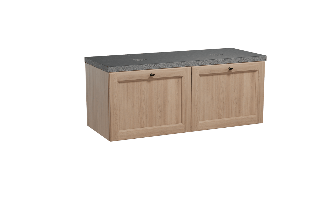 Balmani Lemon hängendes Möbelstück Set: 135 x 55 cm, Verwitterte Eiche, mit Rock Doppel Waschtischplatte, Schwarzes Granit