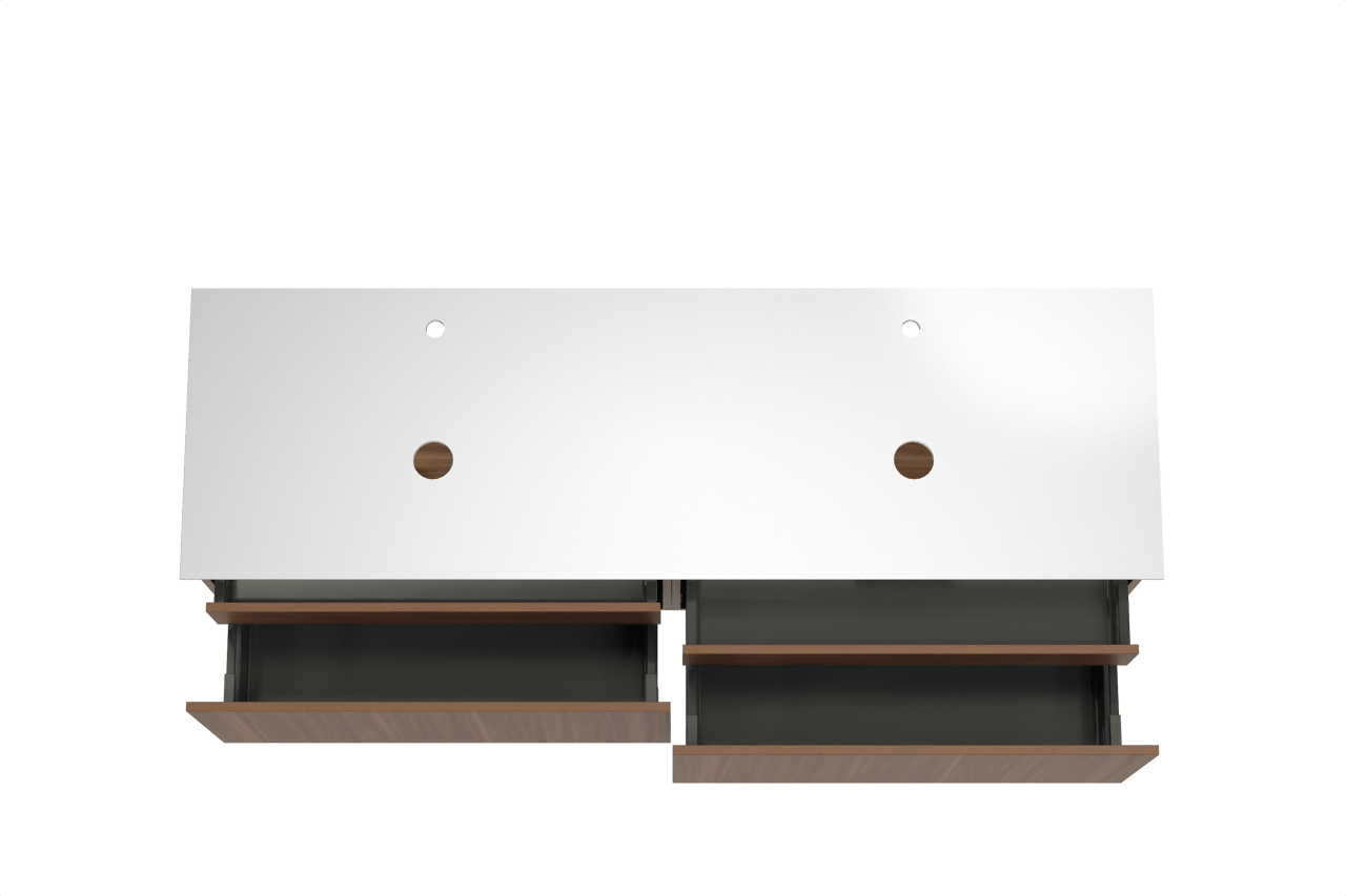 Balmani Sfera hängendes Möbelstück Set: 180 x 55 cm, Amerikanischer Nussbaum, mit Facetta Doppel Waschtischplatte, Solid Surface Weiß matt