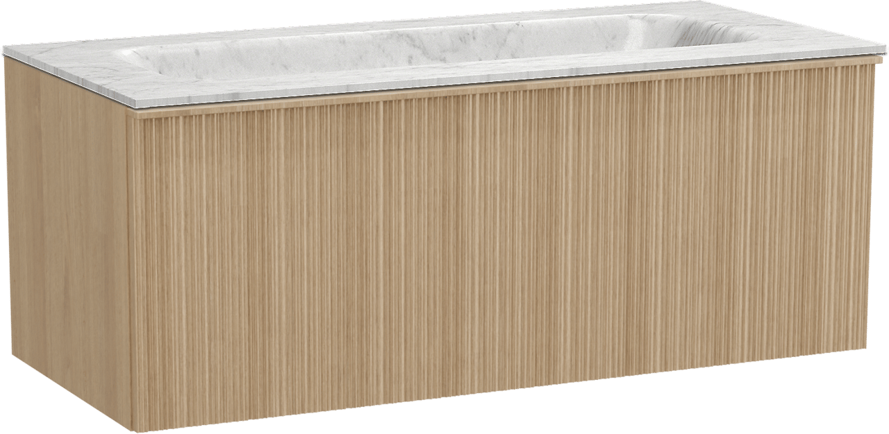 Balmani Forma hängendes Möbelstück Set: 120 x 55 cm, Naturbelassene Eiche, mit Tablo Arcato Einzelwaschtisch, Marmor, Carrara, Vertikale asymmetrische Runde Rippe