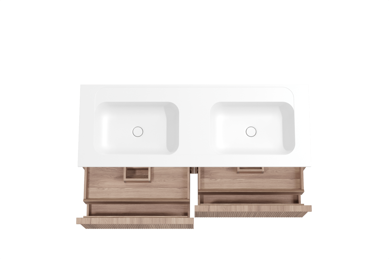 Balmani Forma hängendes Möbelstück Set: 150 x 55 cm, Teak, mit Tablo Strada Doppelwaschtisch, Marmorkomposit, Weiß matt, Vertikale symmetrische gerade Rippe
