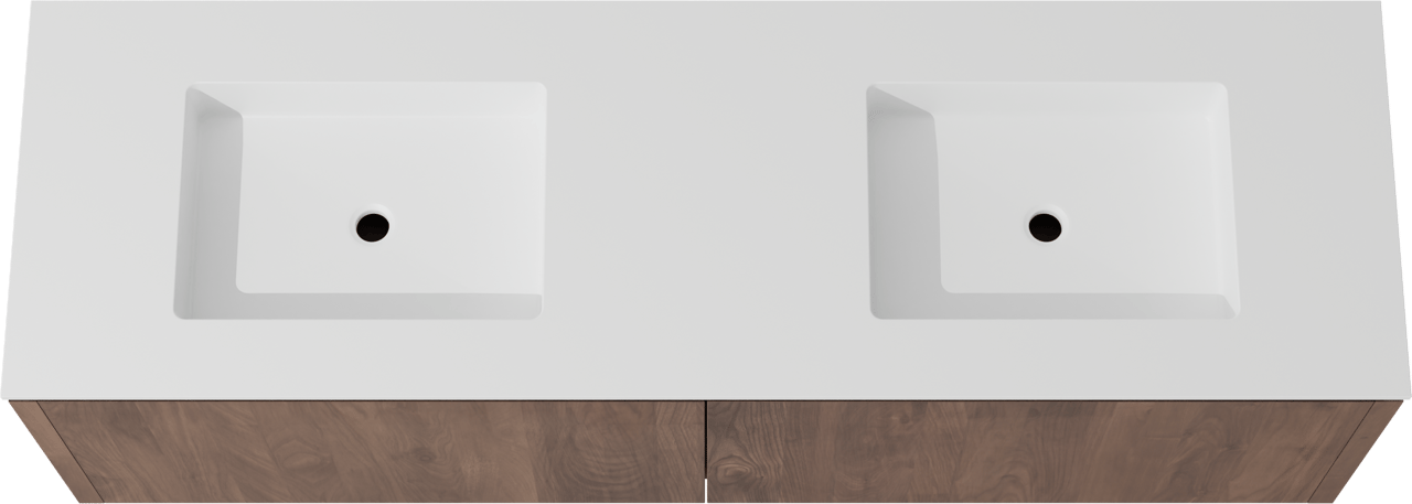 Balmani Eclips hängendes Möbelstück Set: 180 x 55 cm, Amerikanischer Nussbaum, mit Tablo Stretto Doppelwaschtisch Solid Surface Weiβ matt