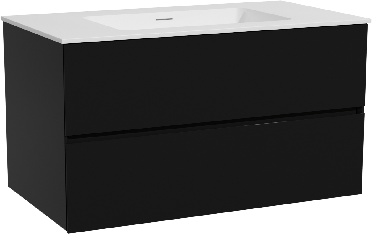 Storke Edge hängendes Möbelstück Set: 95 x 52 cm, Schwarz matt, mit Mata Einzelwaschtisch, Solid Surface Weiß matt