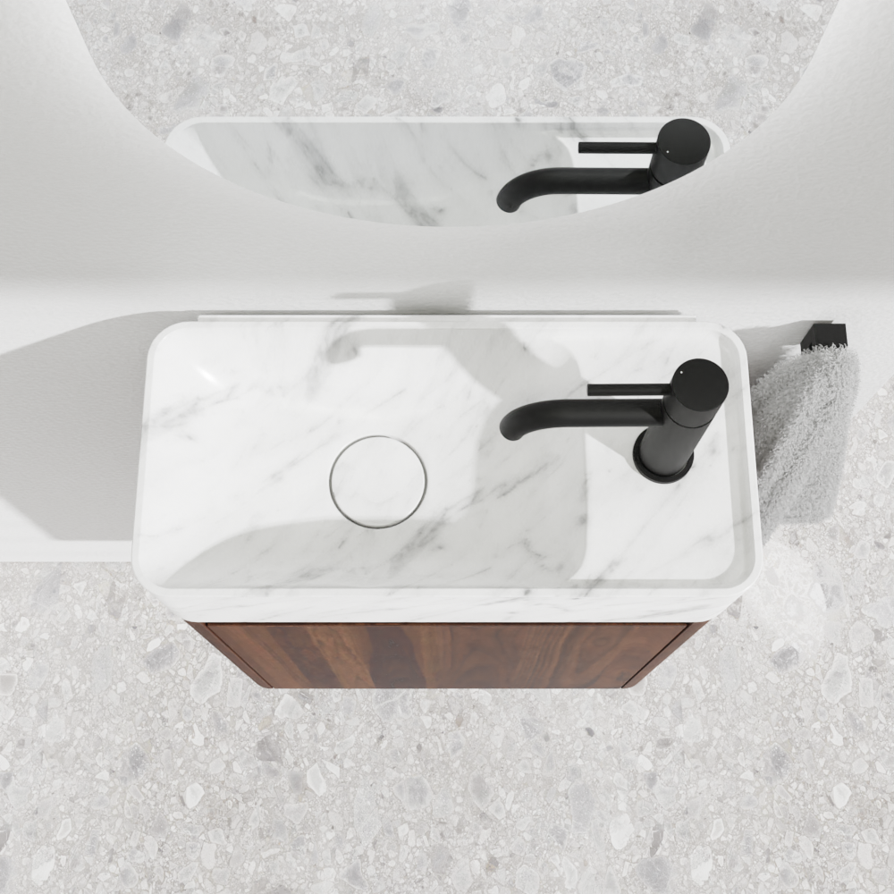 Balmani Fara zwevend toiletmeubel 45 x 22 cm amerikaanse notelaar met Fara wastafel in Carrara marmer