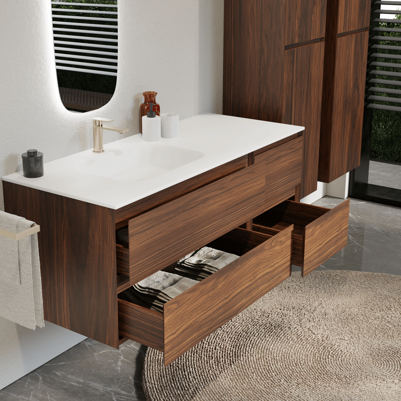 Balmani Mitra hängendes Möbelstück Set: 135 x 55 cm, Nussbaum, mit Tablo Arcato Waschtisch links, Solid Surface Weiß matt