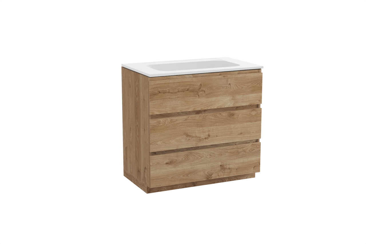 Balmani Lucida freistehendes Möbelstück Set: 90 x 55 cm, Rohe Eiche, mit Tablo Strada Einzelwaschtisch, Marmorkomposit Weiß matt