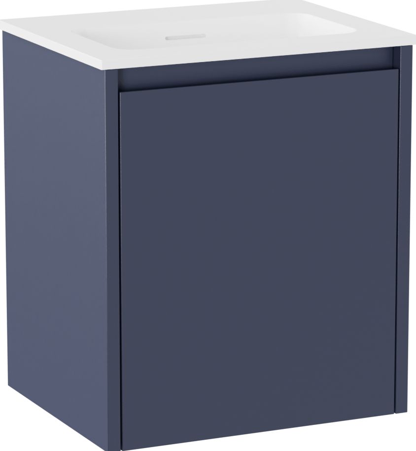 Storke Seda hängendes Möbelstück Set: 45 x 35 cm, Nachtblau, mit Mata Einzelwaschtisch, Solid Surface Weiß matt