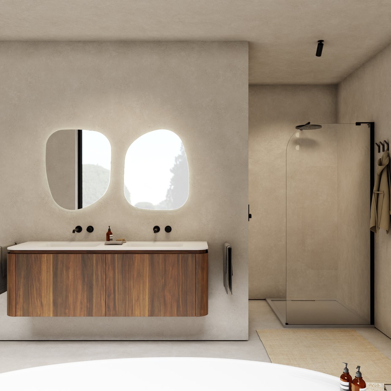 Balmani Moon hängender Waschbeckenunterschrank: 160 x 55 cm, Amerikanischer Nussbaum, 4 Schubladen