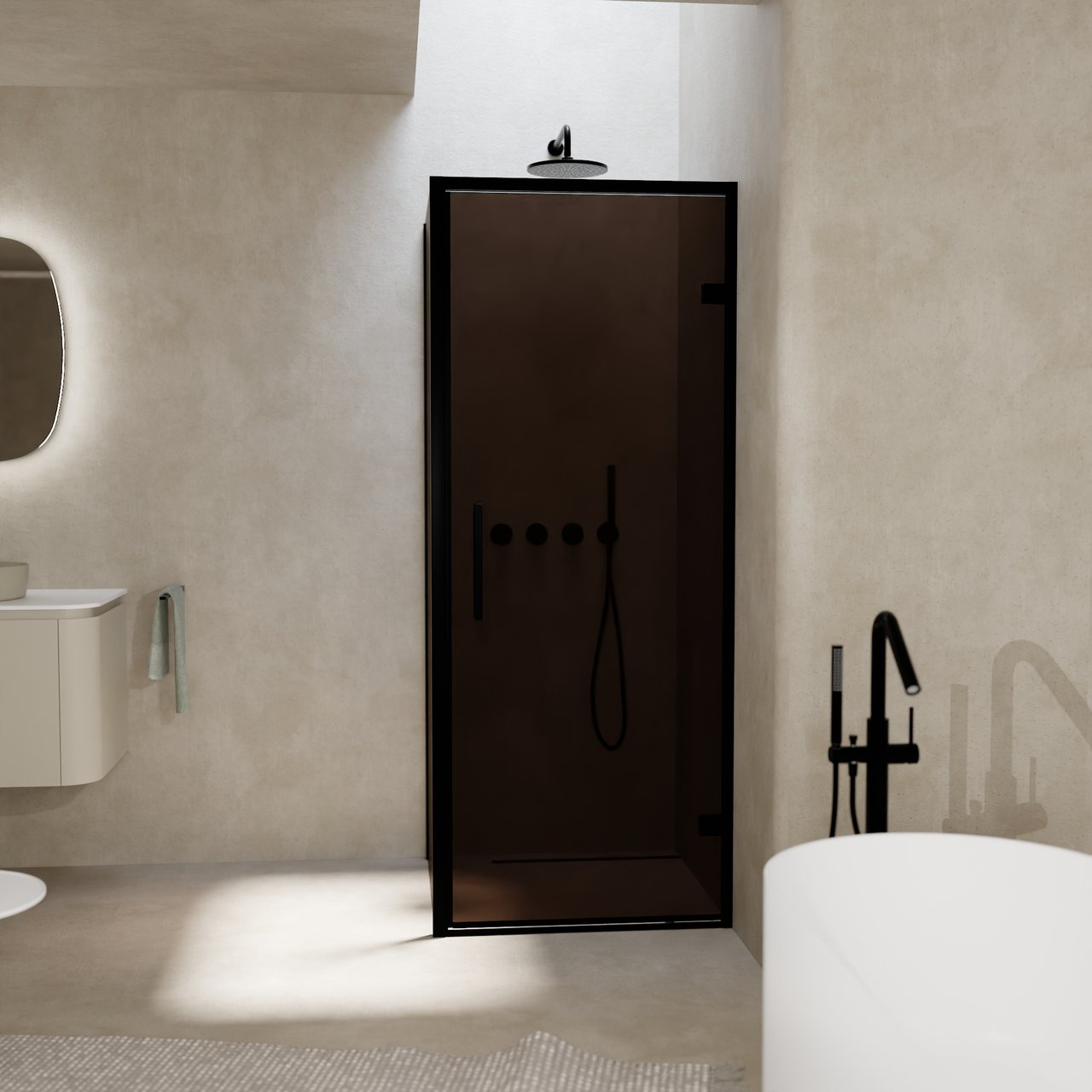 Balmani Senses Design Eckdusche: Drehtür (Rechts) mit fixierte Seitenwand, 90 x 90 cm, Bronze, Profil Schwarz