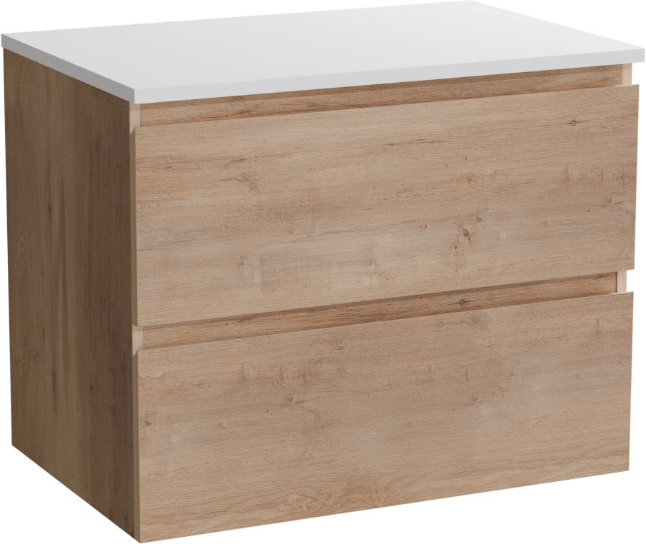 Linie Lado hängendes Möbelstück Set: 70 x 46 cm, Naturbelassene Eiche, mit Lado Einzel Waschtischplatte, Marmorkomposit Weiß glänzend