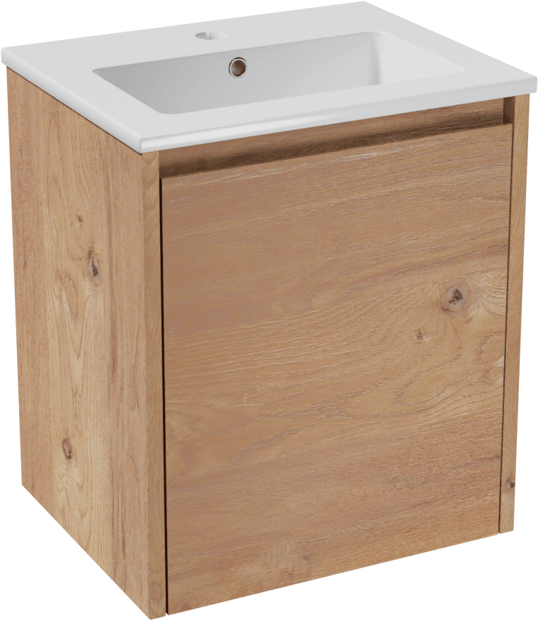 Storke Seda zwevend badkamermeubel 45 x 35 cm ruwe eik met Diva enkele wastafel in composietmarmer glanzend wit