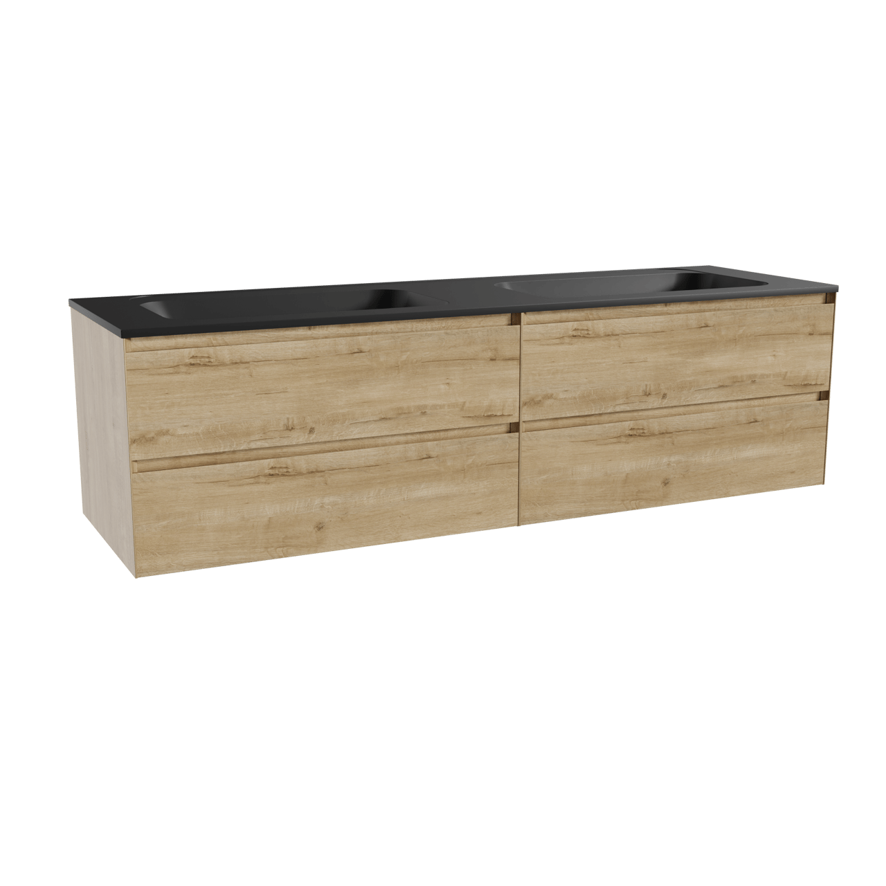 Balmani Mitra hängendes Möbelstück Set: 180 x 55 cm, Rohe Eiche, mit Tablo Strada Doppelwaschtisch, Marmorkomposit Schwarz matt