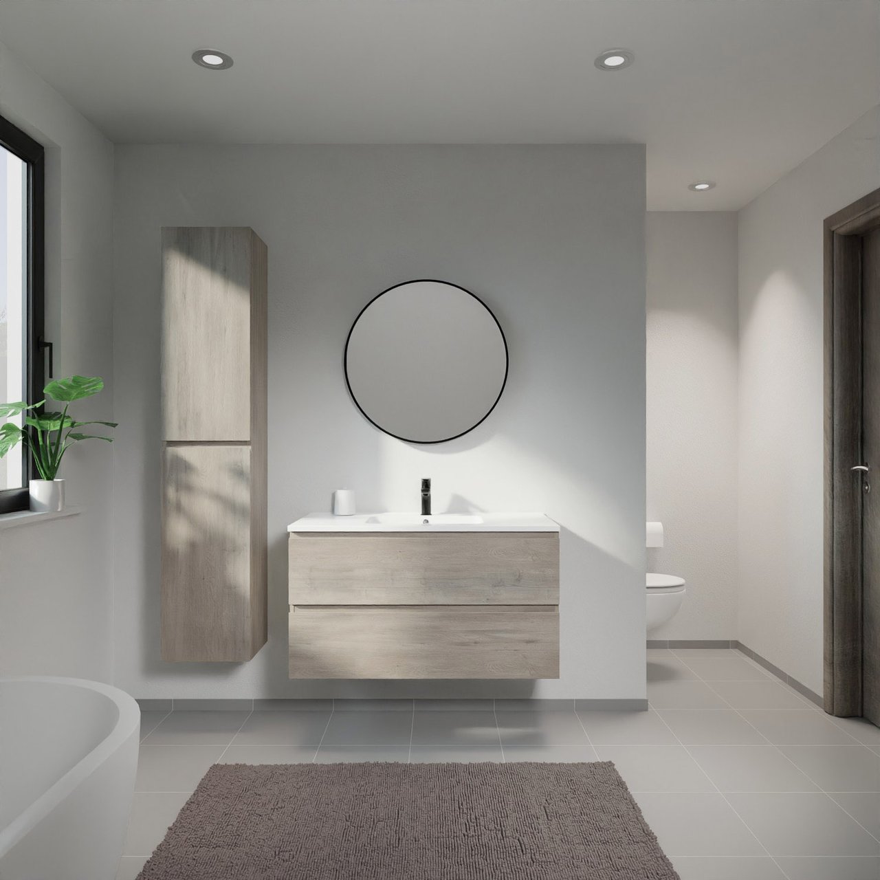 Linie Lado hängendes Möbelstück Set: 100 x 46 cm, Graue Eiche, mit Vano Einzelwaschtisch, Marmorkomposit Weiß glänzend