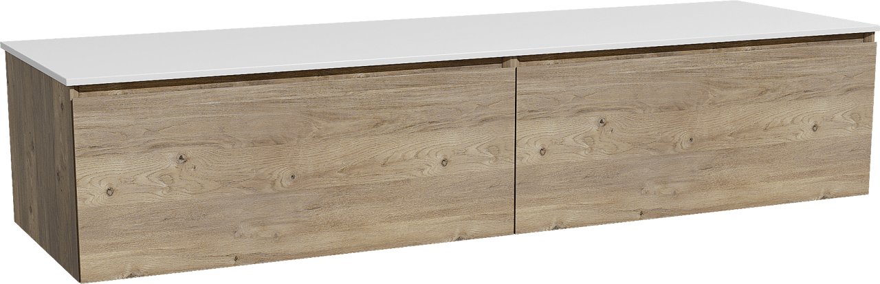 Storke Edge zwevend badmeubel 170 x 52 cm ruw eiken met Tavola enkel of dubbel wastafelblad in solid surface mat wit