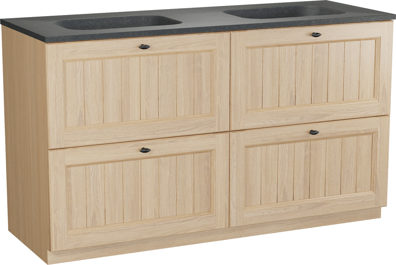 Balmani Lemon freistehendes Möbelstück Set: 150 x 55 cm, Naturbelassene Eiche Furnier, mit Tablo Arcato Doppelwaschtisch, Schwarzes Granit