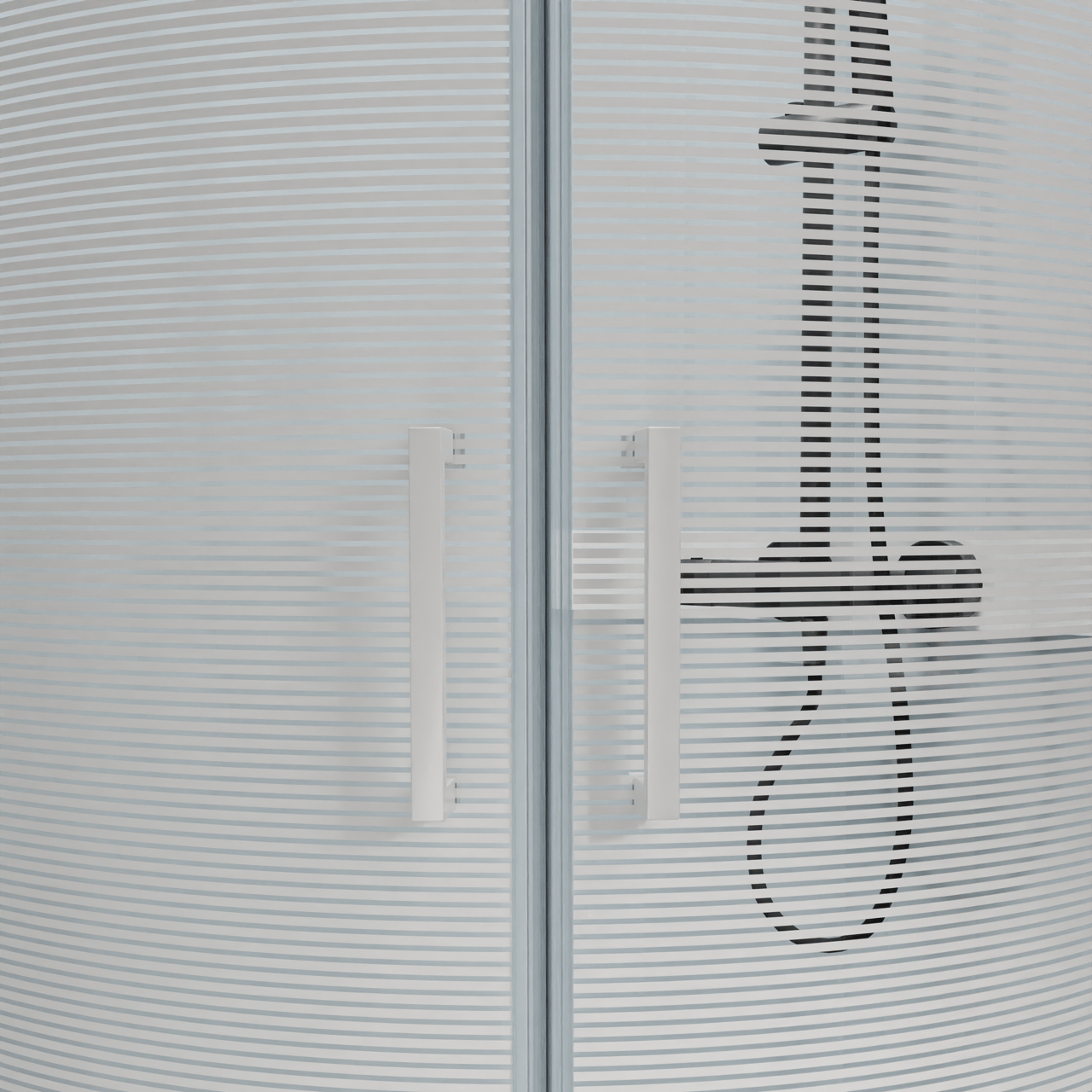 Luca Varess Talan viertelkreisförmige Duschkabine: Schiebetür, 90 x 90 cm, Klarglas mit gestreiftem matten Band, Weißes Profil, glänzend