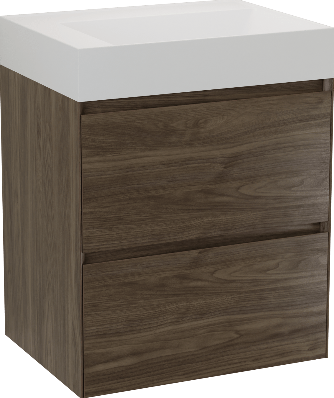 Balmani Mitra Compact zwevend badkamermeubel 60 x 46 cm Amerikaanse notelaar met Argila asymmetrisch rechtse wastafel in composietmarmer mat wit