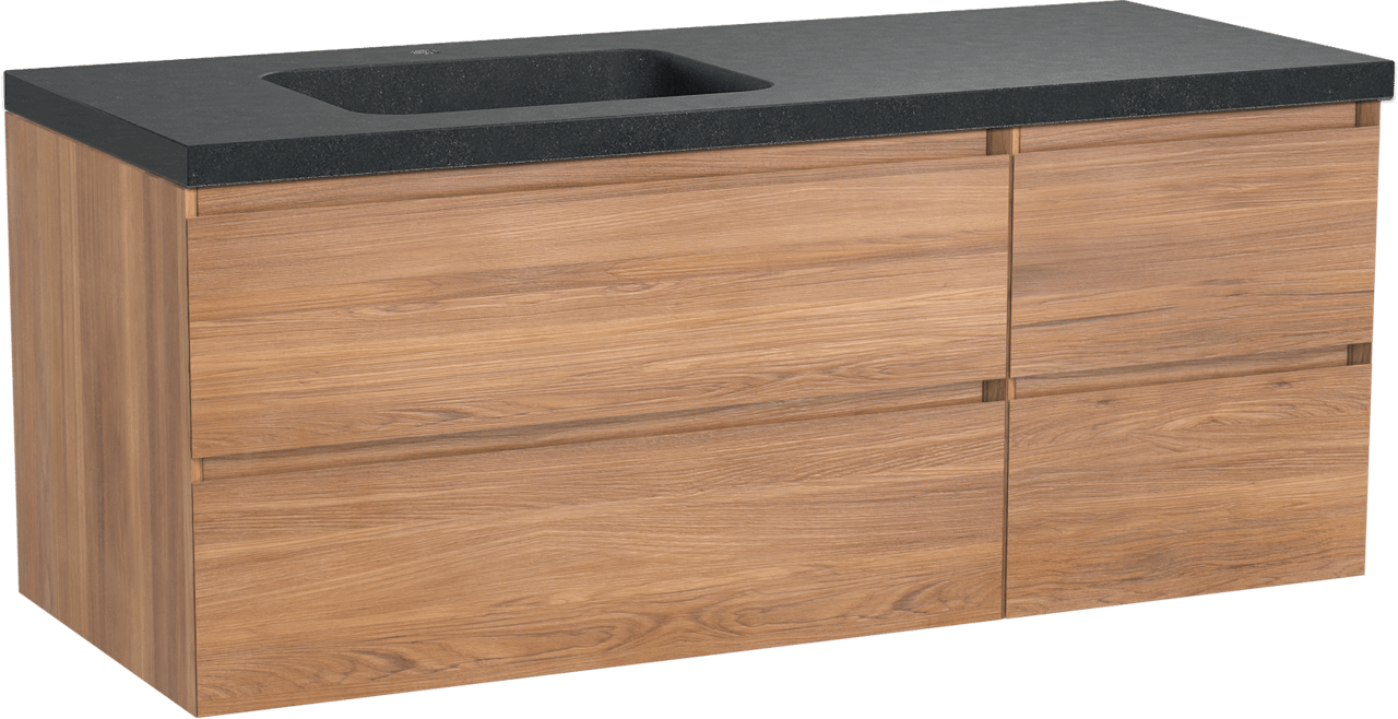Balmani Mitra hängendes Möbelstück Set: 135 x 55 cm, Teak, mit Napoli Waschtisch links, Schwarzes Granit