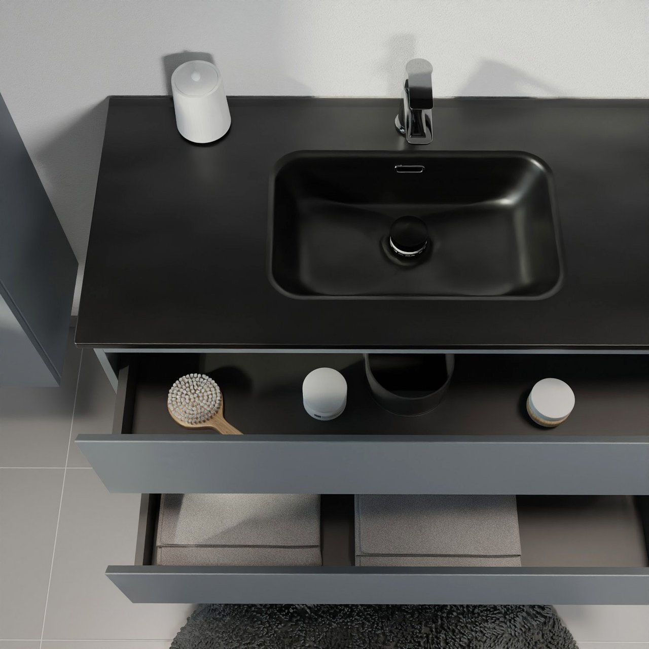 Linie Lado meuble salle de bains suspendu 120 x 46 cm bleu anthracite avec Baro double vasque en porcelaine noir mat