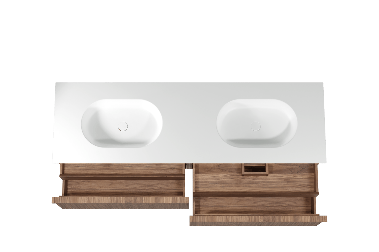 Balmani Forma zwevend badmeubel 180 x 55 cm amerikaans notenhout met Tablo Oval dubbele wastafel in solid surface mat wit, Verticale asymmetrische ronde ribbel