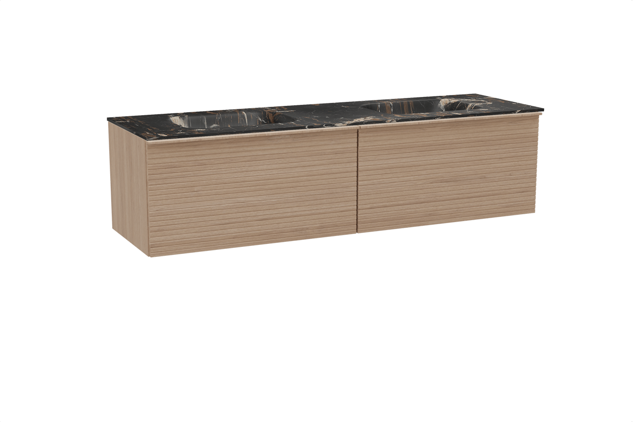 Balmani Forma hängendes Möbelstück Set: 180 x 55 cm, Naturbelassene Eiche, mit Tablo Arcato Doppelwaschtisch, Marmor, Portoro Gold, Horizontale symmetrische gerade Rippe