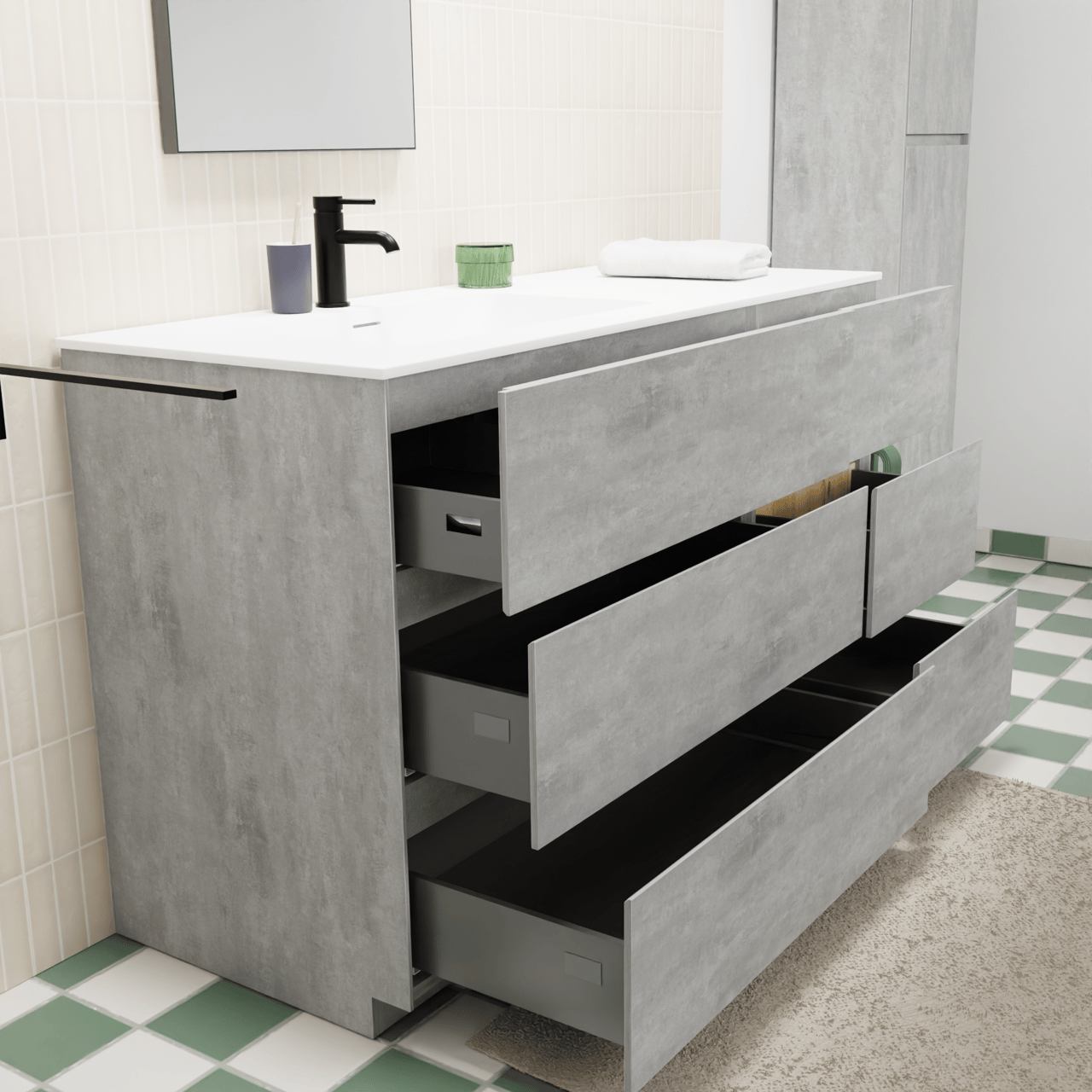 Storke Edge meuble salle de bains à poser 130 x 52 cm béton gris foncé avec Mata vasque asymétrique gauche en solid surface blanc mat