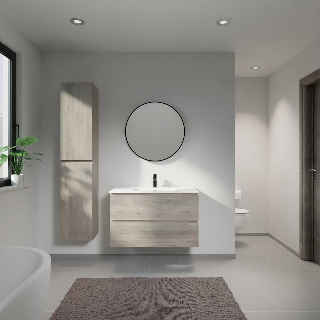 Linie Lado meuble salle de bains suspendu 90 x 46 cm chêne gris avec Baro plan simple en porcelaine blanc mat