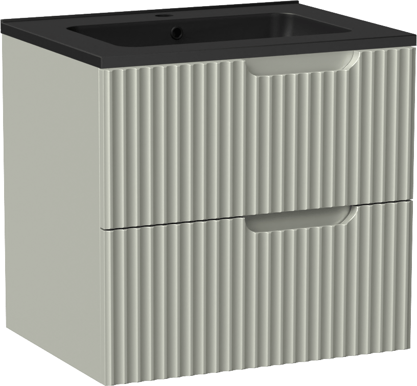 Linie Ribbo meuble salle de bains suspendu 60 x 46 cm greige avec Vano plan simple en marbre composite noir mat, Nervure circulaire symétrique verticale