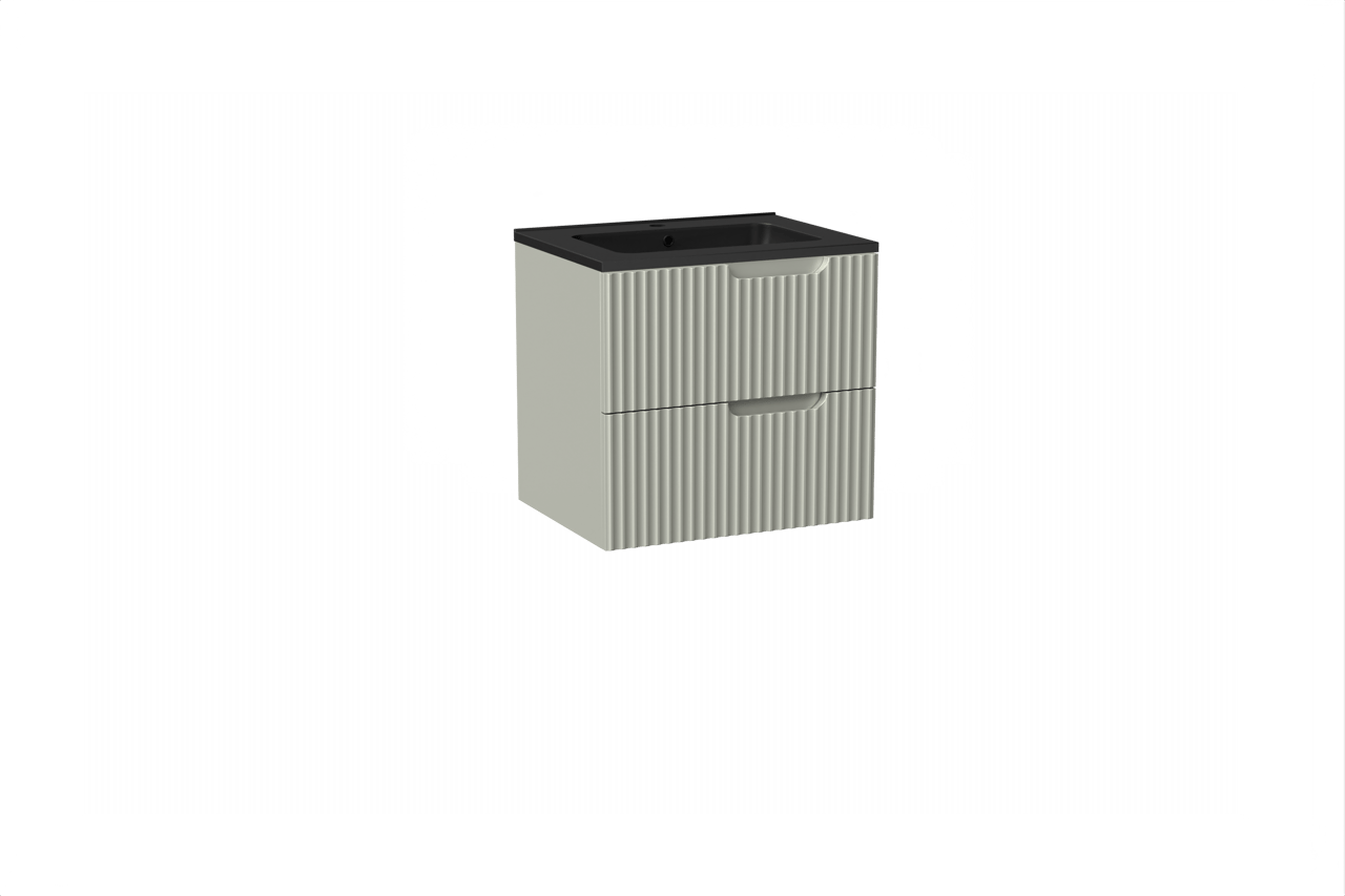 Linie Ribbo hängendes Möbelstück Set: 60 x 46 cm, Greige, mit Vano Einzelwaschtisch, Marmorkomposit, Schwarz matt, Vertikale symmetrische runde Rippe