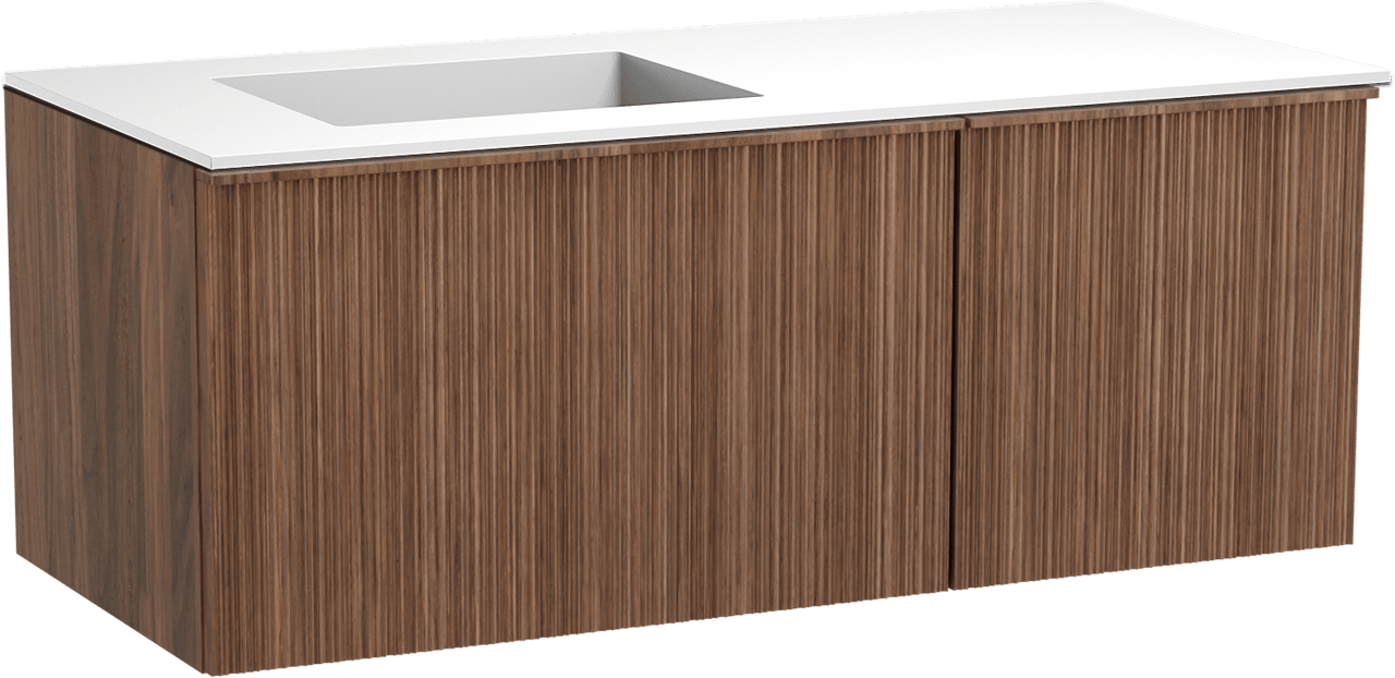 Balmani Forma hängendes Möbelstück Set: 120 x 55 cm, Amerikanischer Nussbaum, mit Tablo Stretto Waschtisch links, Solid Surface, Weiß matt, Vertikale asymmetrische Runde Rippe