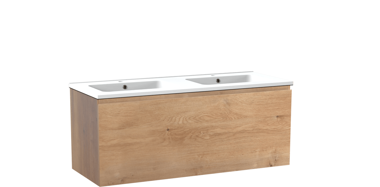 Linie Lado zwevend badkamermeubel 120 x 46 cm natuur eik met Vano dubbele wastafel in composietmarmer mat wit
