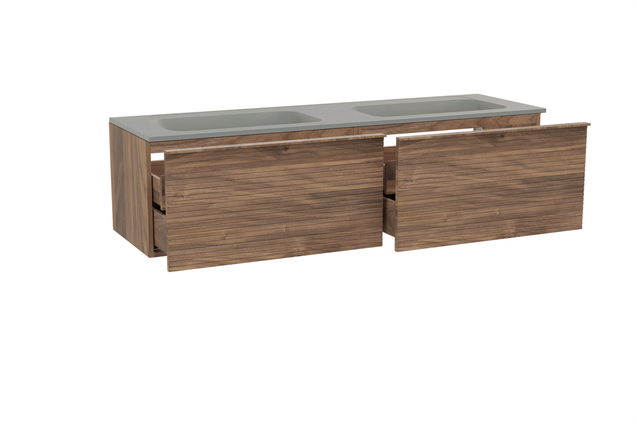 Balmani Forma zwevend badkamermeubel 180 x 55 cm amerikaanse notelaar met Tablo Strada dubbele wastafel in composietmarmer zijdegrijs, Horizontale symmetrische rechte ribbel