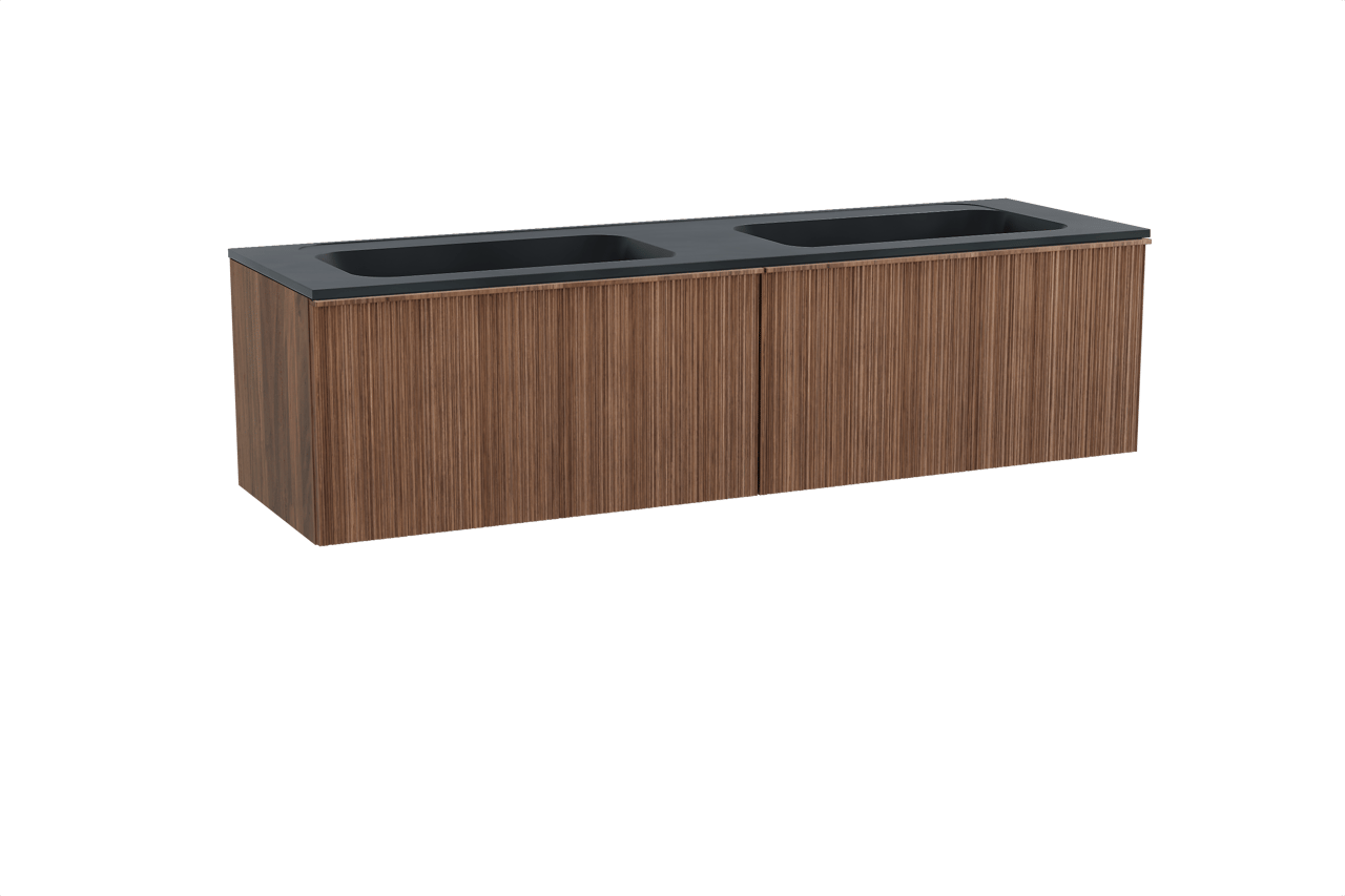 Balmani Forma meuble salle de bains suspendu 180 x 55 cm noyer américain avec Tablo Strada double vasque en marbre composite noir mat, Nervure circulaire asymétrique verticale