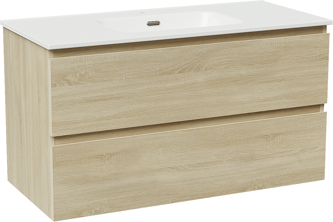 Linie Lado zwevend badmeubel 100 x 46 cm wit eiken met Baro enkele wastafel in porselein hoogglans wit