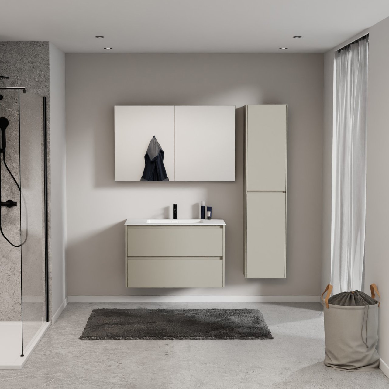 Storke Seda meuble salle de bains suspendu 95 x 52 cm soie grise avec Mata plan simple en solid surface blanc mat