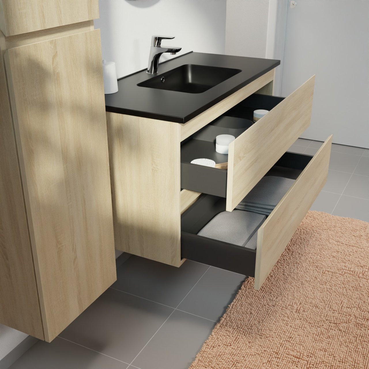 Linie Lado zwevend badmeubel 100 x 46 cm wit eiken met Vano enkele wastafel in composietmarmer mat zwart