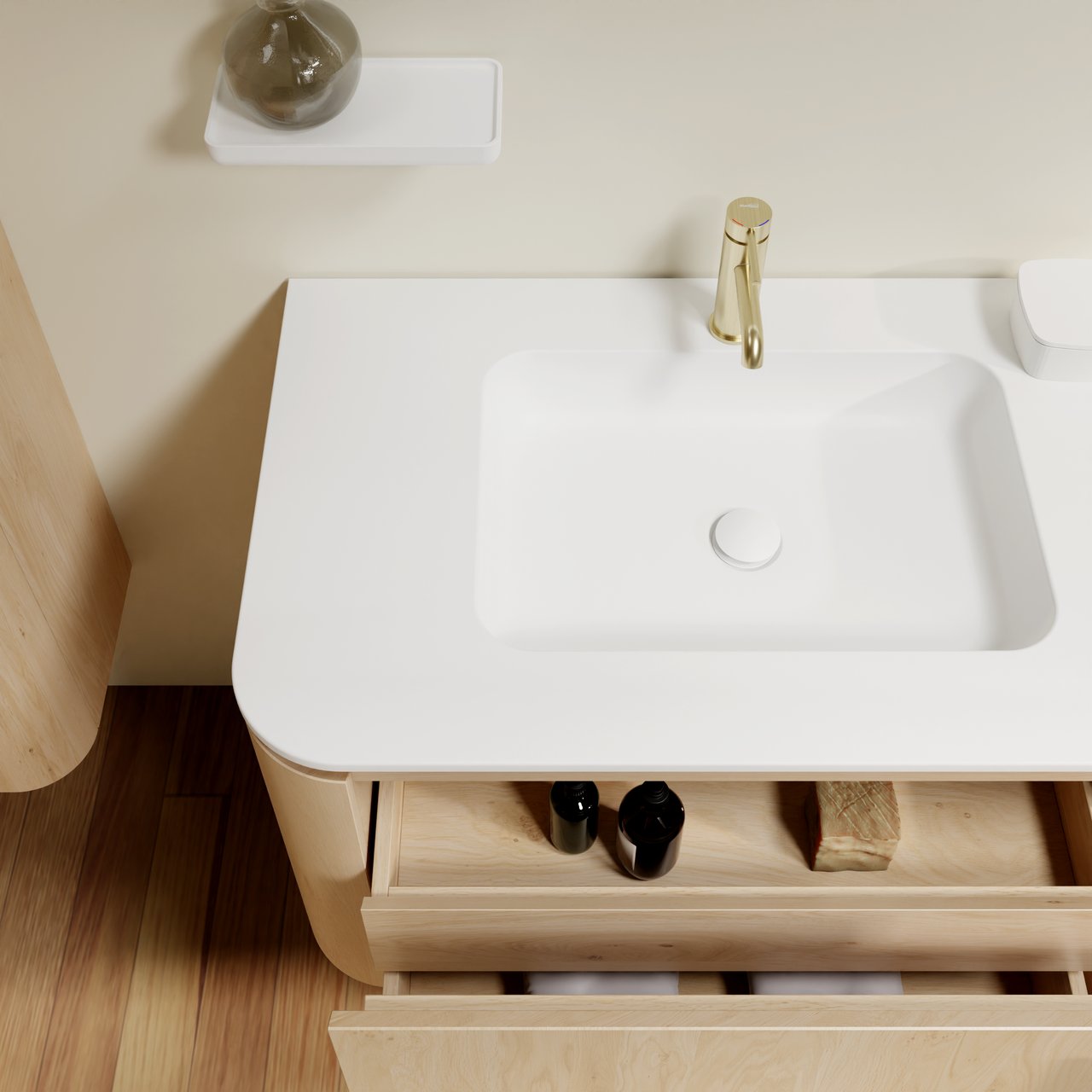 Balmani Moon hängendes Möbelstück Set: 160 x 55 cm, Naturbelassene Eiche, mit Moon Doppelwaschtisch, Solid Surface Weiß matt