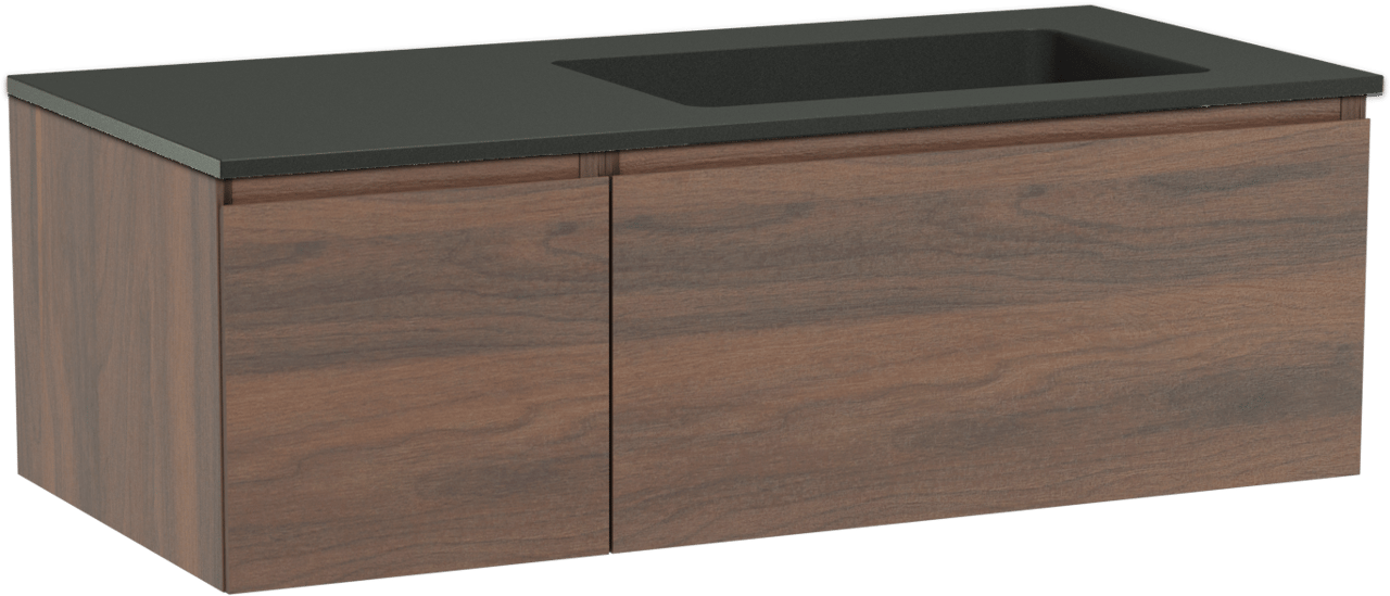 Storke Edge zwevend badmeubel 110 x 52 cm notenhout met Scuro asymmetrisch rechtse wastafel in kwarts mat zwart