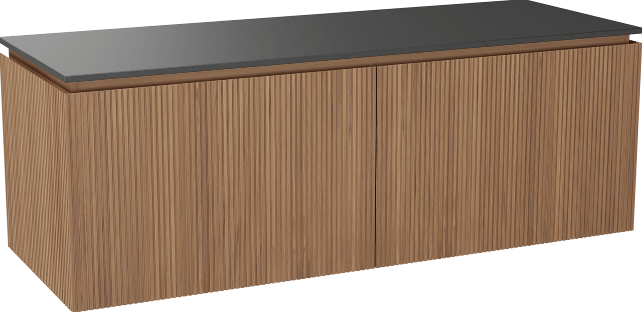 Balmani Eclips hängendes Möbelstück Set: 150 x 55 cm, Teak, mit Stretto Einzel- oder Doppel Waschtischplatte Granit poliert, Vertikale symmetrische gerade Rippe