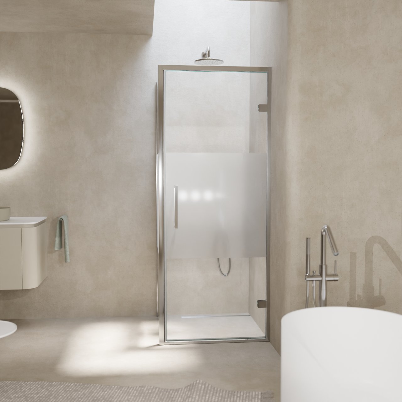 Balmani Senses Design douchehoek met rechtse draaideur en vaste zijwand, 90 x 80 cm, Helder glas met matte strook, Chroom profielen