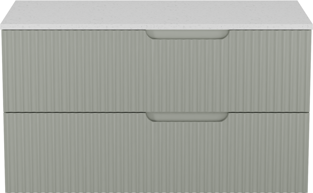 Linie Ribbo meuble salle de bains suspendu 100 x 46 cm greige avec Lado tablette simple ou double en mélaminé terrazzo blanc, Nervure circulaire symétrique verticale