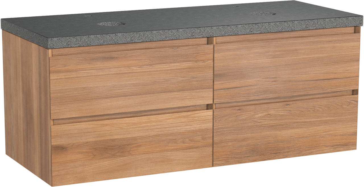 Balmani Mitra zwevend badmeubel 135 x 55 cm teakhout met Rock dubbel wastafelblad in zwart graniet