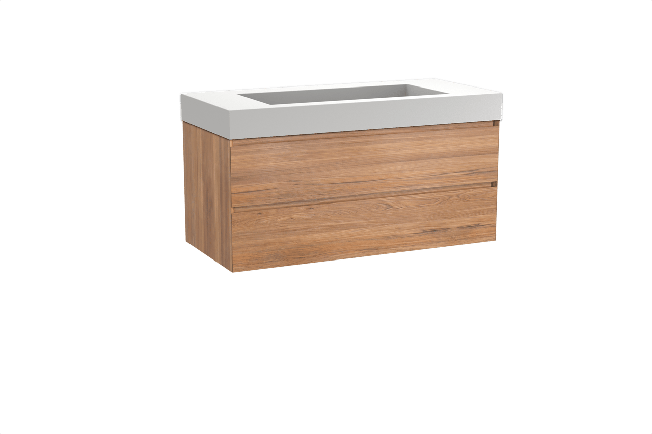 Balmani Mitra hängendes Möbelstück Set: 120 x 55 cm, Teak, mit Modus Einzelwaschtisch für 2 Armaturenlöcher, Solid Surface Weiß matt