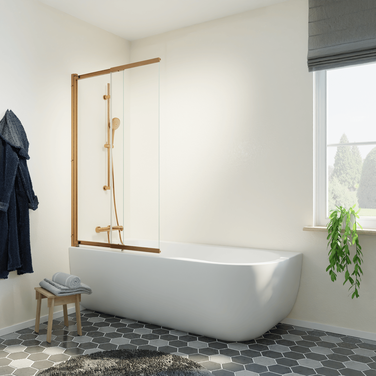 Luca Varess Vetras uitschuifbare badwand 100 cm helder glas geborsteld Rosegold profiel