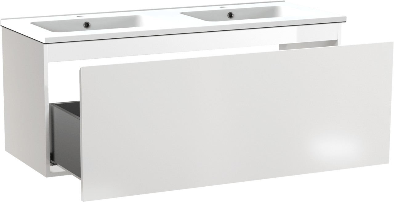 Linie Lado meuble salle de bains suspendu 120 x 46 cm blanc brillant avec Vano double vasque en marbre composite blanc mat